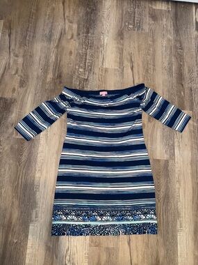 Lilly Pulitzer Navy, Light Blue & White Striped Off-Shoulder Top